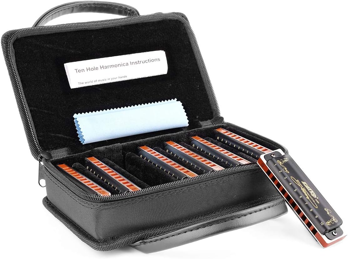 Easttop Harmonica Sets 7 Keys in Key of A B C D E F G 10 Hole 20 Tones with Case Bag & Cleaning Cloth for Adult, Professional Player,Beginner,Heavy Duty, Black