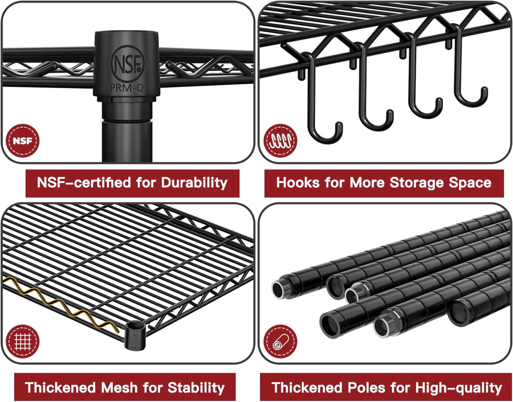 PrimeZone 5 Tier 72' W x 16''D x 76''H Metal Storage Wire Shelves - Heavy Duty Standing Garage Shelving Unit, Adjustable Steel Wire Rack Utility Shelf for Warehouse Kitchen Pantry Corner, Black