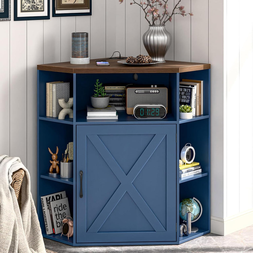 Vabches Corner Cabinet, Corner Storage Shelf with USB Ports and Outlets Industrial Organizer for Small Space Wooden 6-Cubby Bookshelf for Study, Playroom, Living Room (Blue and Brown)