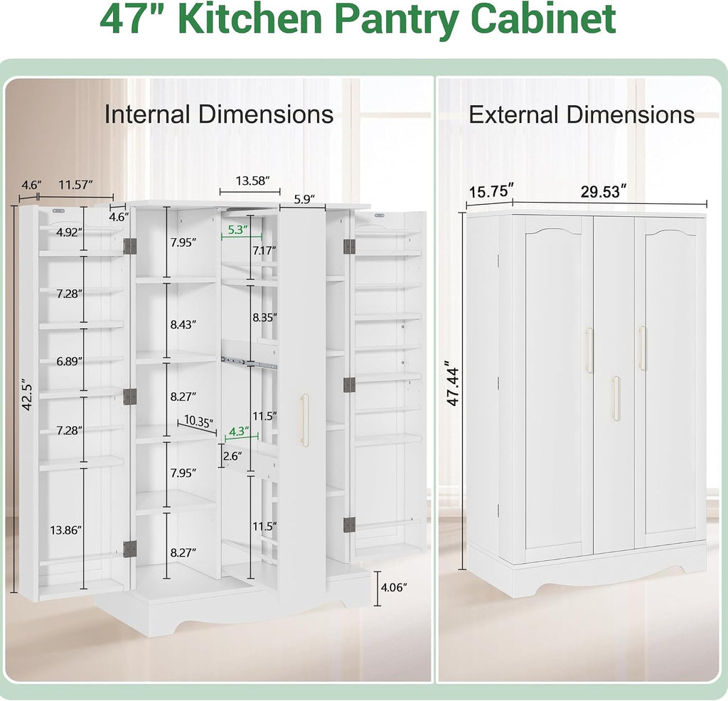kepptory 47' Kitchen Pantry Cabinet with Drawer, Storage Cabinet with Adjustable Shelves, White Buffet Cupboards Sideboard for Home Office Use