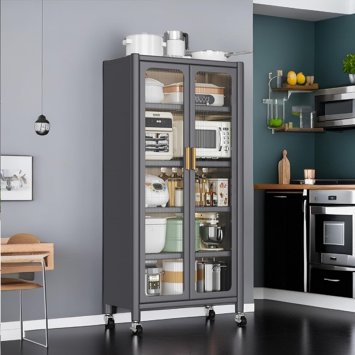 67.3' Kitchen Pantry Storage Cabinet with Magnetic Door, Adjustable Shelves & Wheels,Metal Tall Food Pantries Cabinets,for Kitchen, Living Room and Dining Room, Gray