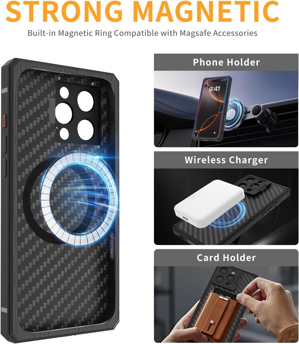 Luxury Carbon Fiber Aluminum Case for iPhone 16 Pro Max, Heavy Duty Rugged Military Protective Phone Cover with Camera Lens Protector Stand, Strong Magnetic Ring Compatible with Magsafe, Black