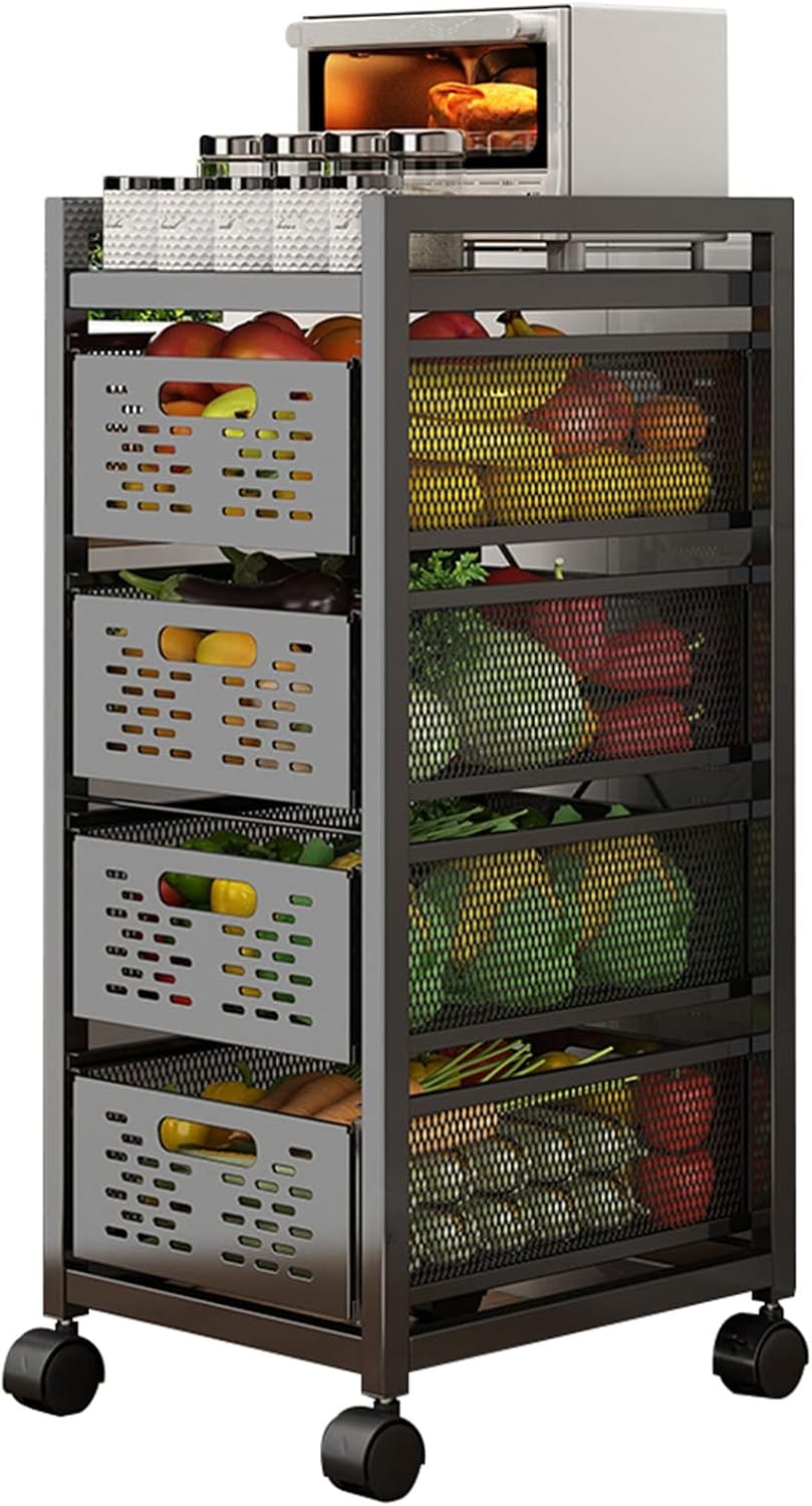 Kitchen Counter Baker's Rack with Drawers, Stackable Storage Fruit Vegetables Basket, Microwave Oven Coffee Machine Organizer Shelf, Black (Size : 4 Tier)