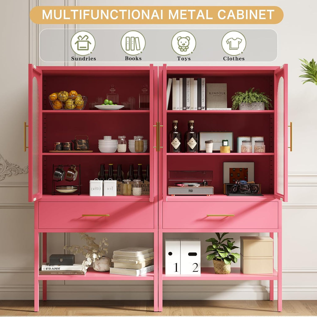 ALBAD 63 Inch Tall Metal Pantry/Display/Storage Cabinet with Fluted Glass Doors and Drawer & Adjustable Shelf for Modern Home Office Living Room Kitchen Pink