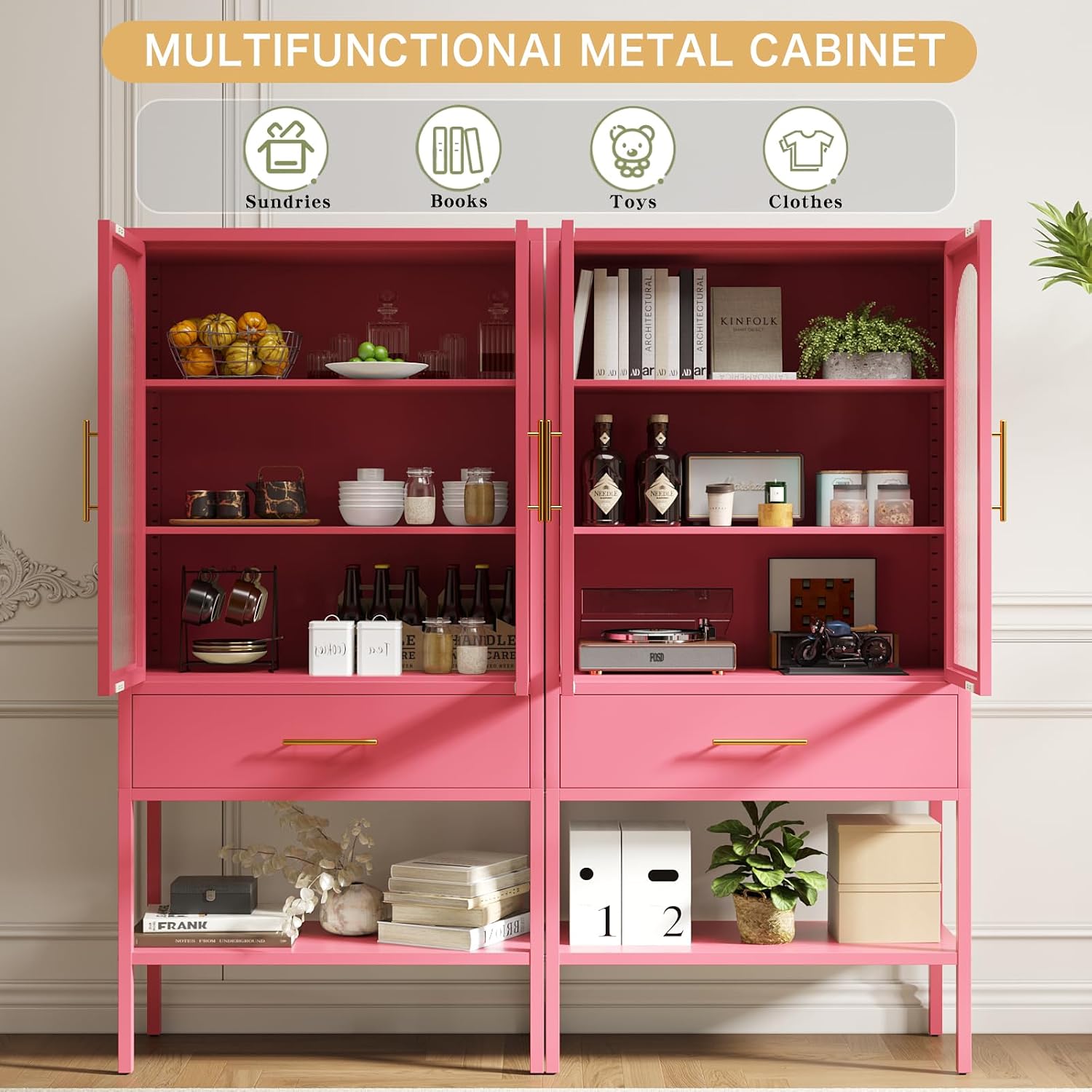 ALBAD 63 Inch Tall Metal Pantry/Display/Storage Cabinet with Fluted Glass Doors and Drawer & Adjustable Shelf for Modern Home Office Living Room Kitchen Pink