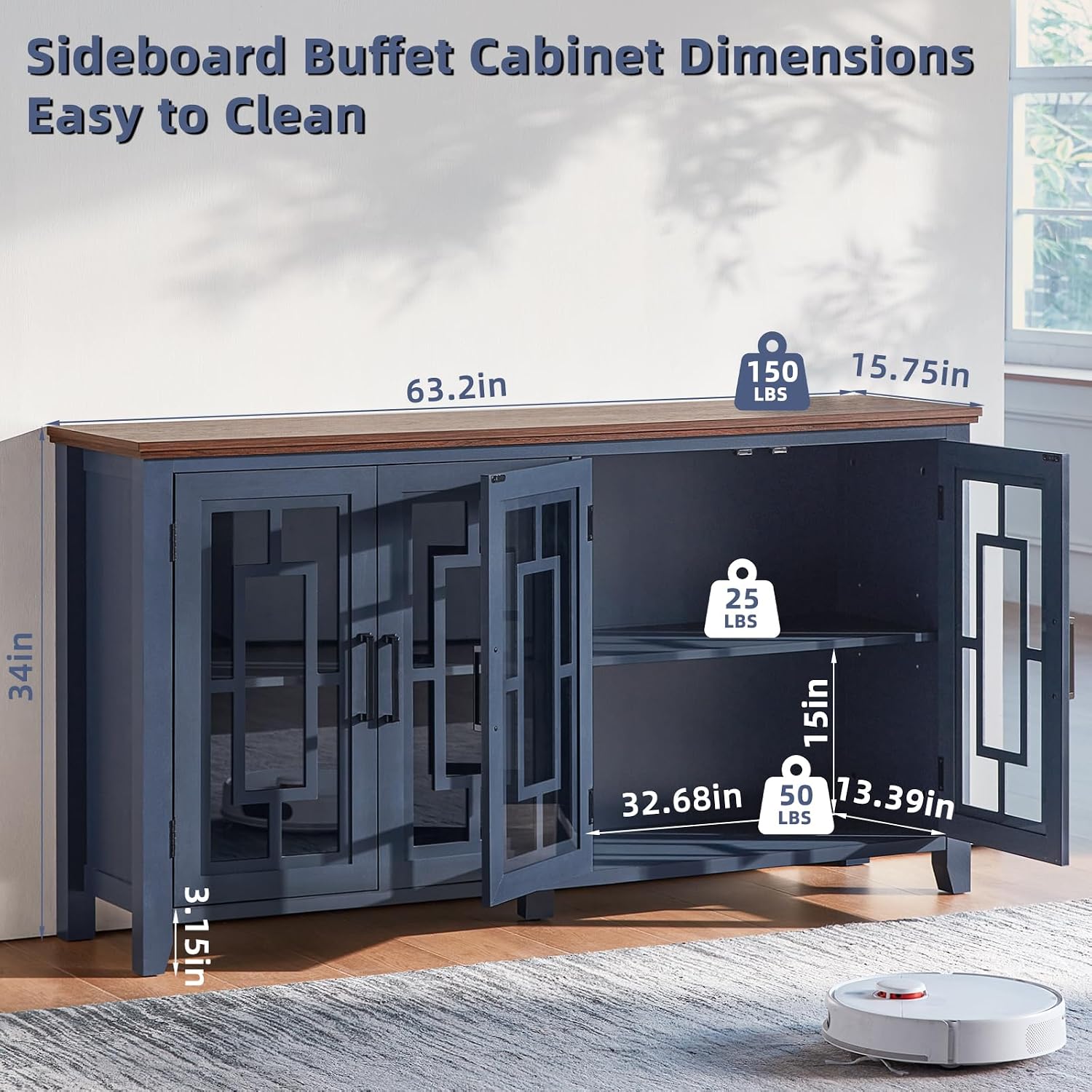 Joaxswe Large Sideboard Buffet Cabinet with Storage, 63' Farmhouse Navy Blue Kitchen Coffee Wine Bar Cabinet with 4 Glass Doors, Mid Century Modern Wood Side Board Table for Dining Room, Living Room