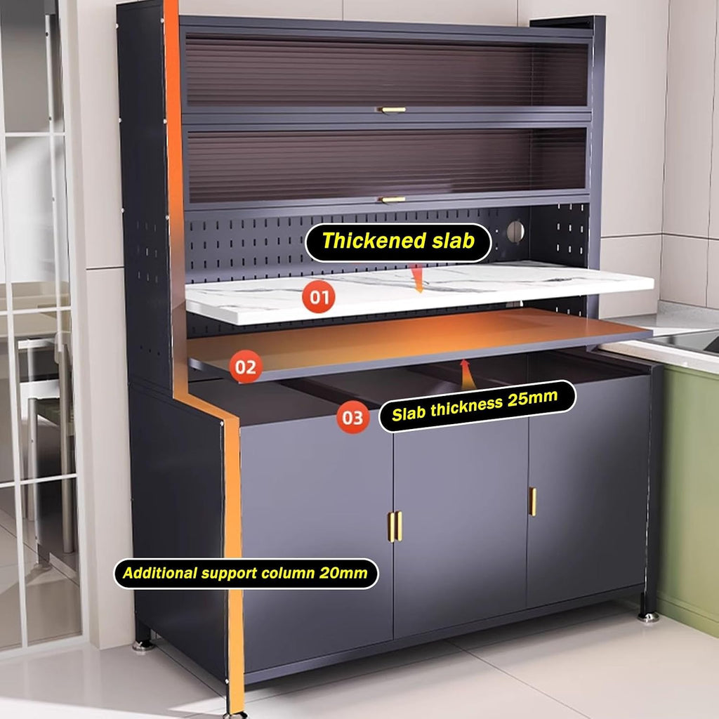 JKGHK Kitchen Storage Sideboard Cabinet, Tall Bakers Rack Countertop with Stone Slab Countertop, Standing Pantry with Pegboard and Adjustable Shelves for Home Coffee Bar(Gray,24x72in)