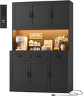 HOSTACK 72' Tall Kitchen Pantry Cabinet with Charging Station | LED Lights, 47' W Kitchen Pantry Storage Cabinet with Countertop, Modern Kitchens Hutch Cabinets with Storage for Dining Room, Black