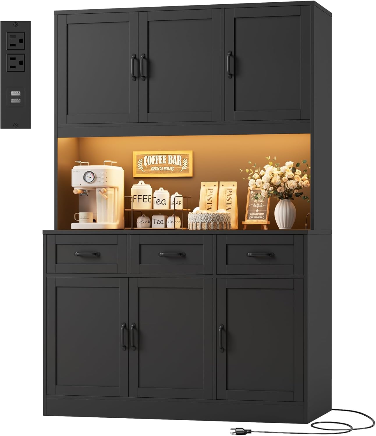HOSTACK 72' Tall Kitchen Pantry Cabinet with Charging Station | LED Lights, 47' W Kitchen Pantry Storage Cabinet with Countertop, Modern Kitchens Hutch Cabinets with Storage for Dining Room, Black