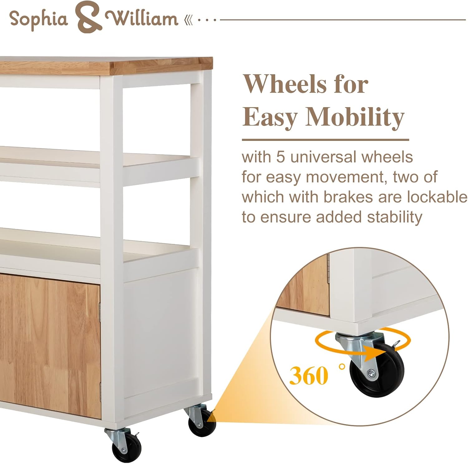 Sophia & William Kitchen Island Cart on Wheels, Rolling Kitchen Trolley with Rubber Wood Tabletop, Storage Drawers, Cabinet and Open Shelves