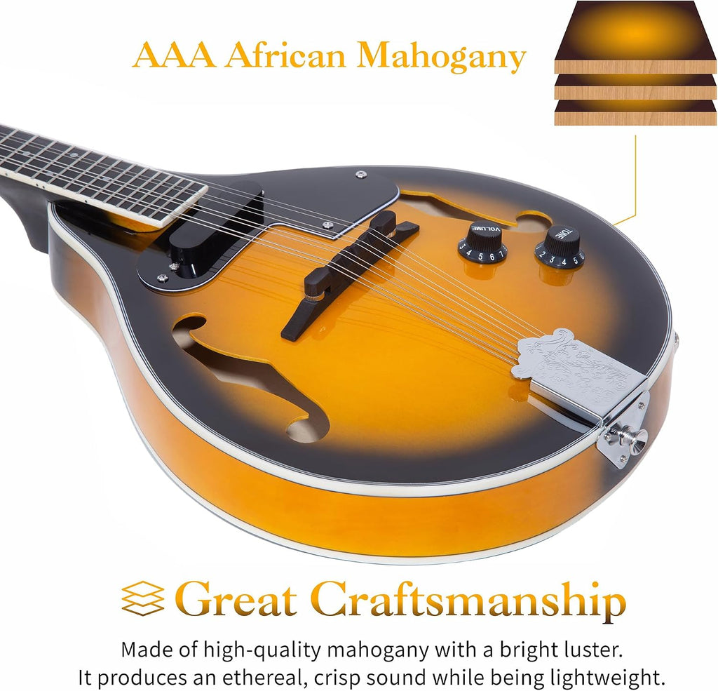 Mulucky A Style Acoustic Electric Mandolins Instrument, 8 String Acoustic Mandolin with Beginner Kit, Case, Tuner, String, Picks - Sunburst