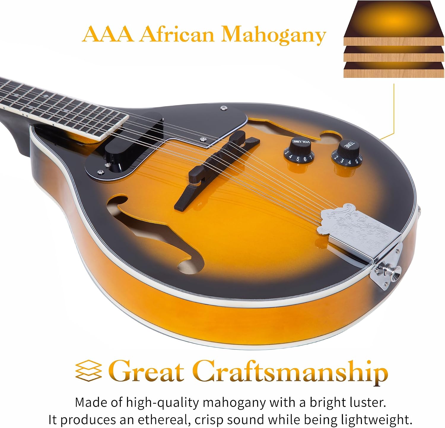Mulucky A Style Acoustic Electric Mandolins Instrument, 8 String Acoustic Mandolin with Beginner Kit, Case, Tuner, String, Picks - Sunburst