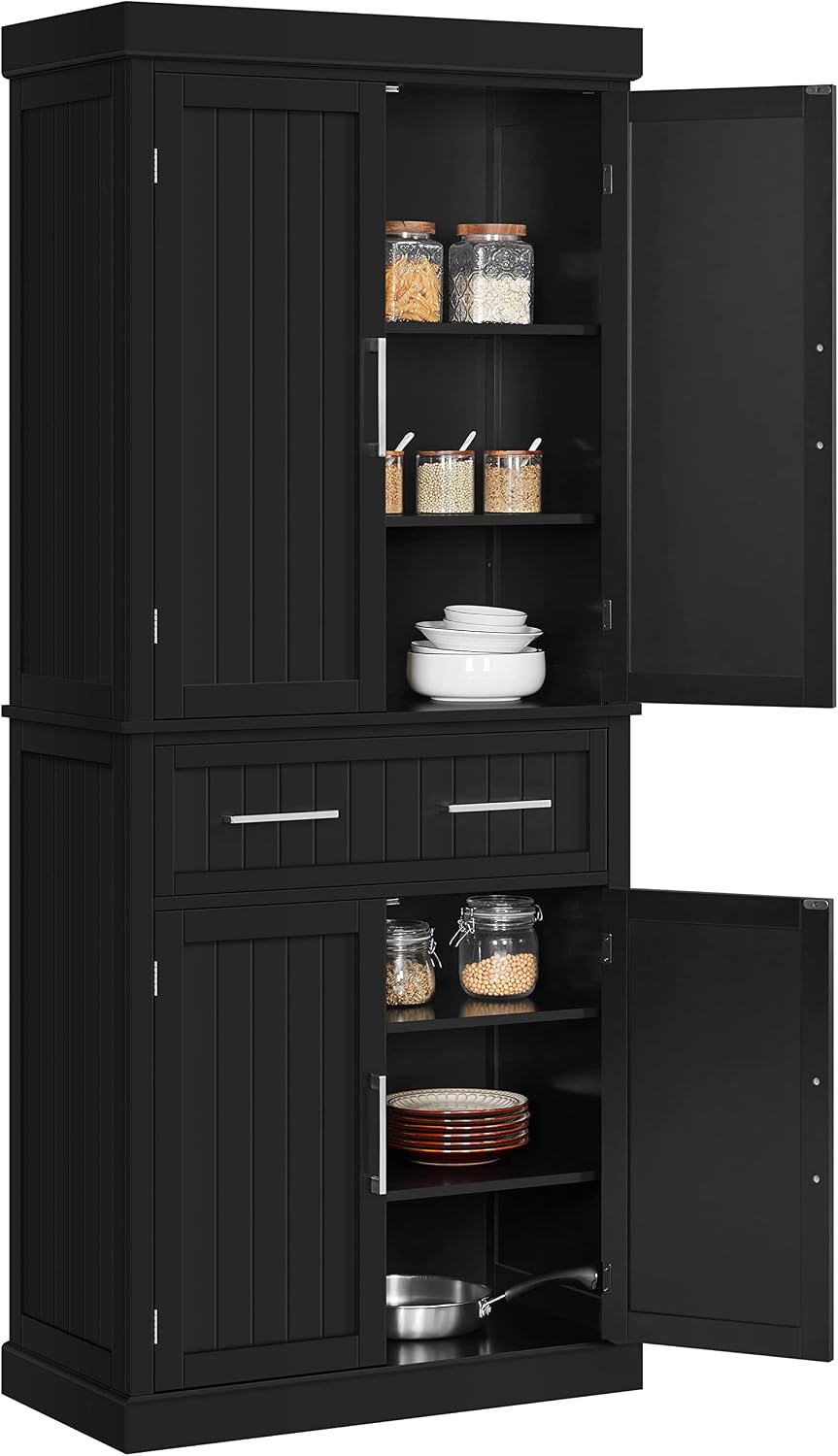 Yaheetech Kitchen Pantry Storage Cabinet with Drawer, Freestanding Pantry Cabinets with 2 Adjustable Shelves, 72.5' Tall Storage Cupboard for Kitchen/Dining Room/Bathroom/Hallway, Black