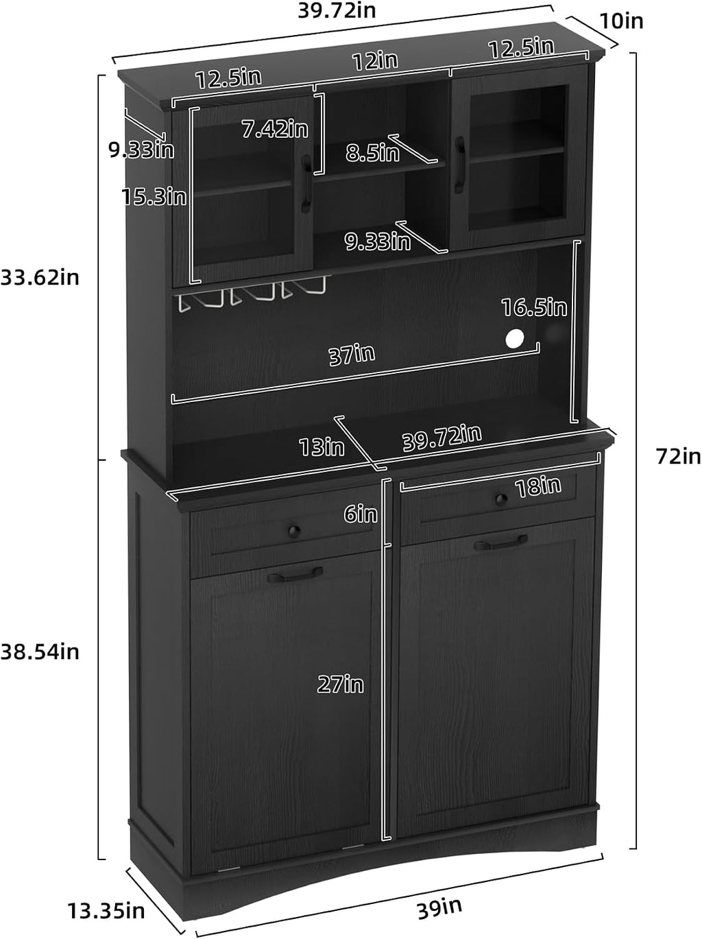 Tilt Out Trash Cabinet, Kitchen Pantry Storage Cabinets with Adjustable Shelves and Drawers, Wooden Freestanding Cabinet Trash Cans for Kitchen Living Room Dining Room, Black, 13 Gallons