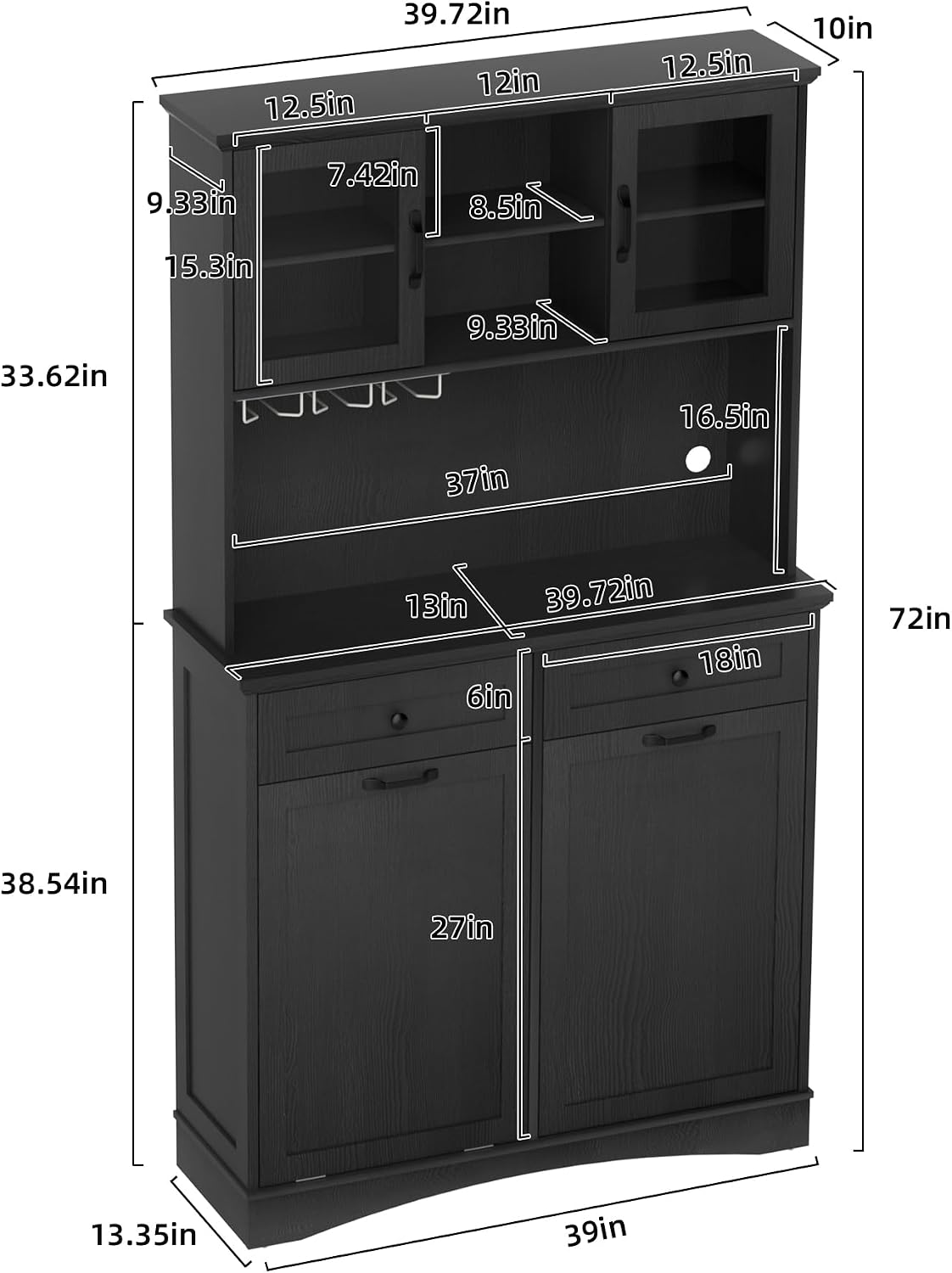 Tilt Out Trash Cabinet, Kitchen Pantry Storage Cabinets with Adjustable Shelves and Drawers, Wooden Freestanding Cabinet Trash Cans for Kitchen Living Room Dining Room, Black, 13 Gallons