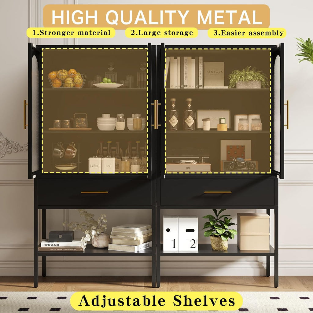 ALBAD 63 Inch Tall Metal Pantry/Display/Storage Cabinet with Fluted Glass Doors and Drawer & Adjustable Shelf for Modern Home Office Living Room Kitchen Black