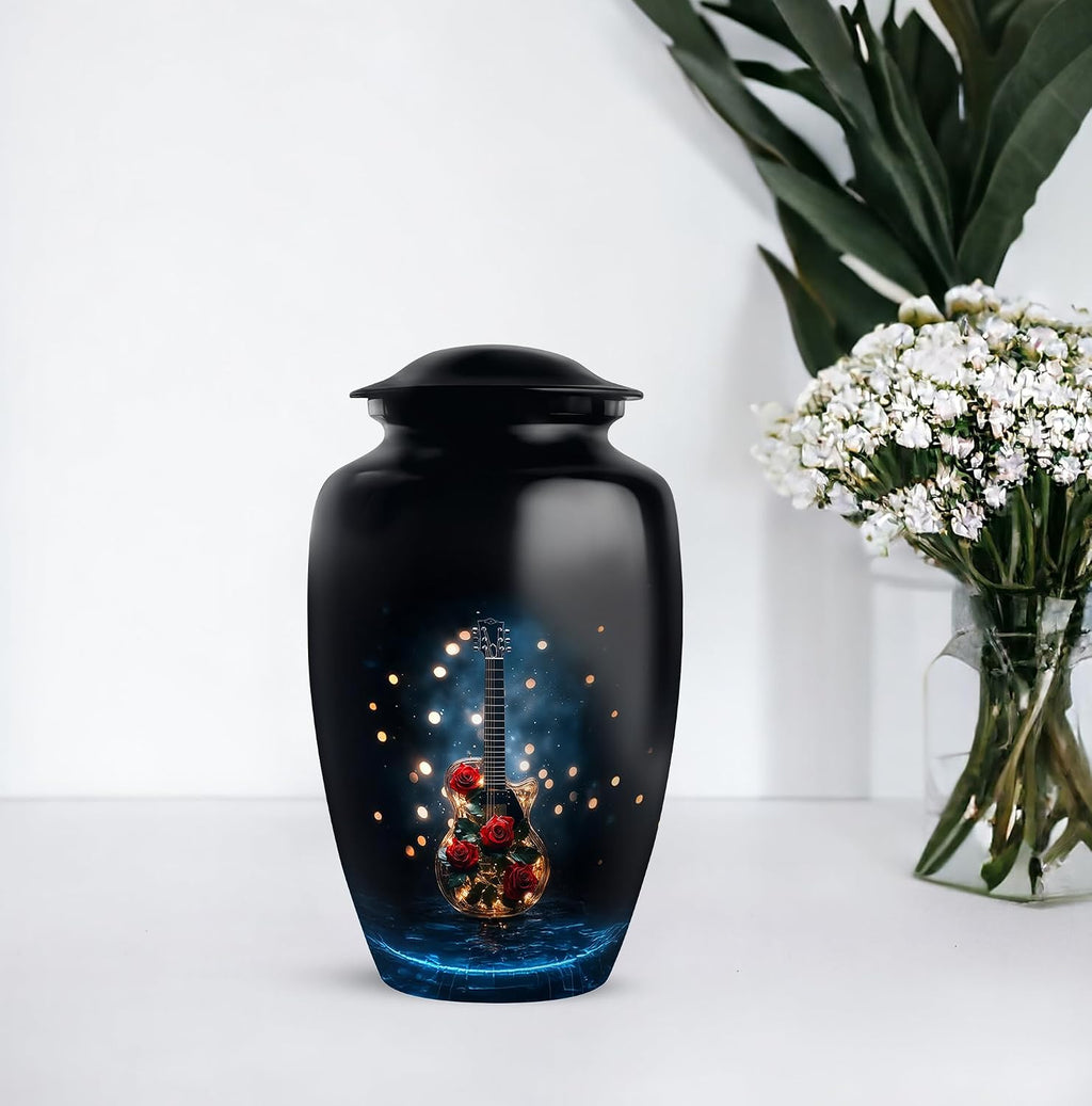 Guitar Urn - Unique Urns - Decorative Memorial - Small Cremation Urns for Human Ashes - Mom & Dad Urn - Hand Engraved - Combo of 10 Inch & 3 Inch