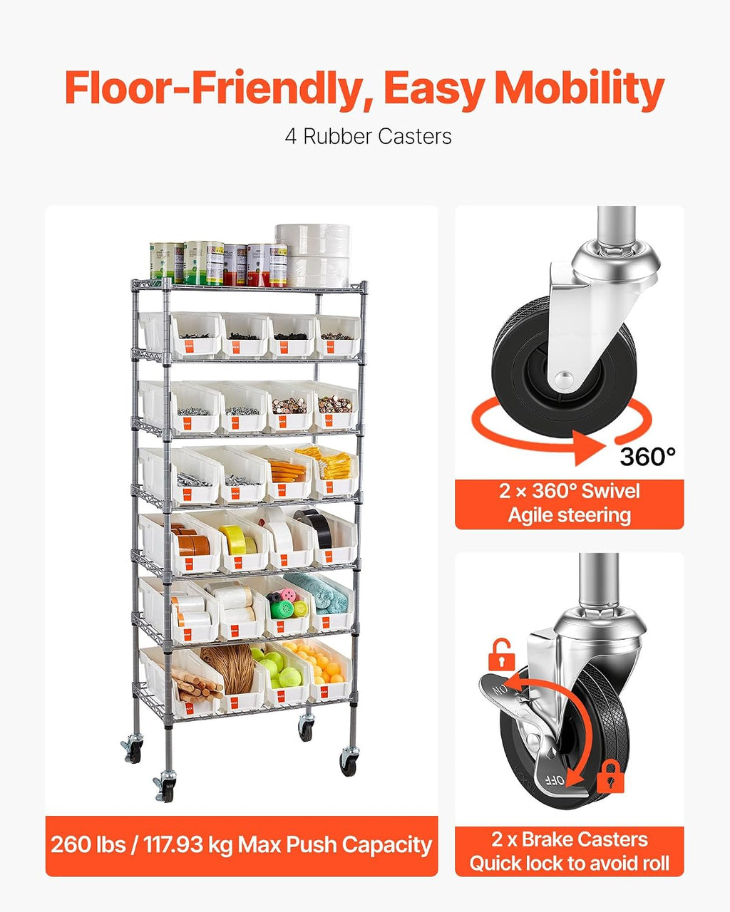 VEVOR 7-Tier Rolling Bin Storage Rack, 24 Small Bins, Bin Rack Storage Steel Wire Shelving System with Wheels, Mobile Tool Organizer for Garage, Warehouse, Office, Restaurant, Classroom, Kitchen