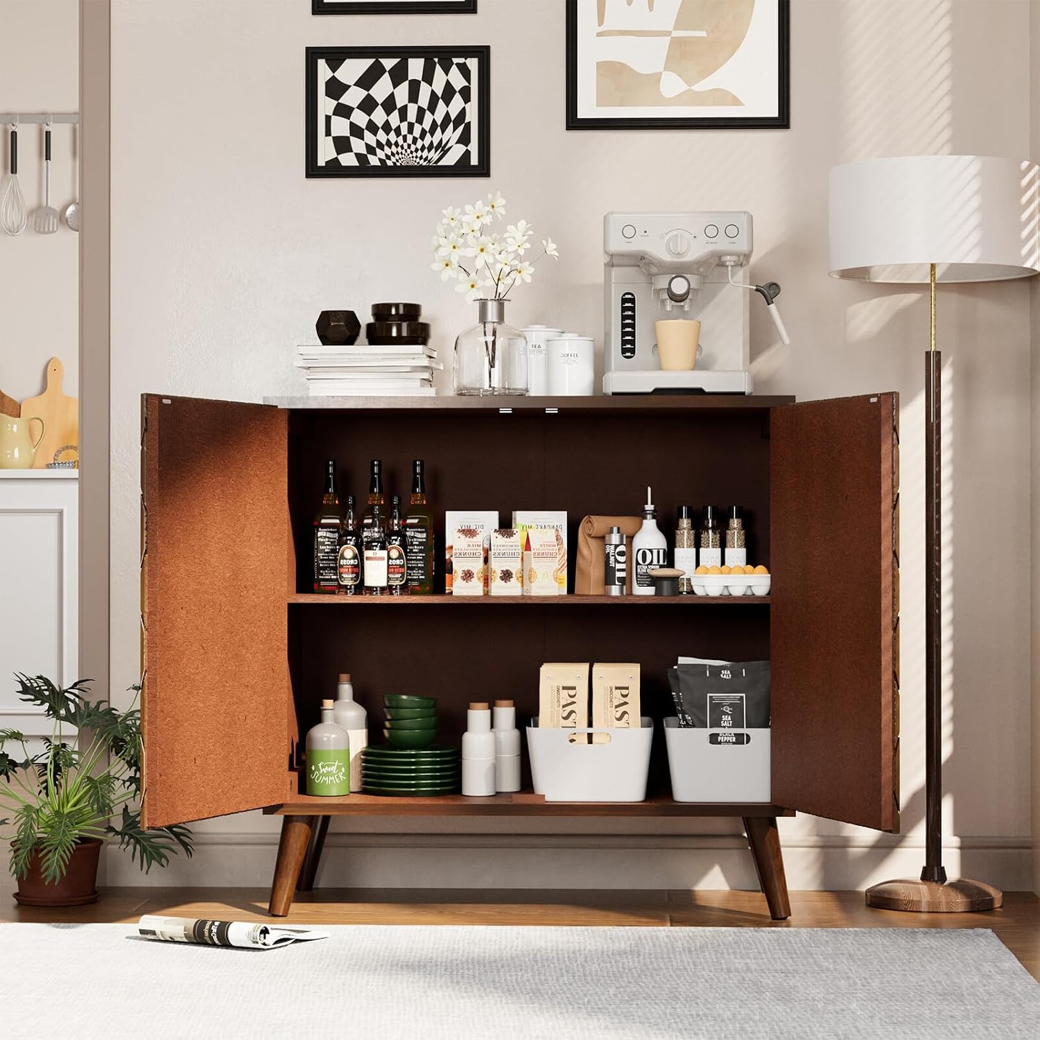 COSIEST 32' Storage Sideboard with Doors, Adjustable Shelf, Decorative Modern Accent Furniture for Living Room, Entryway, Kitchen (Brown, Honeycomb Pattern)