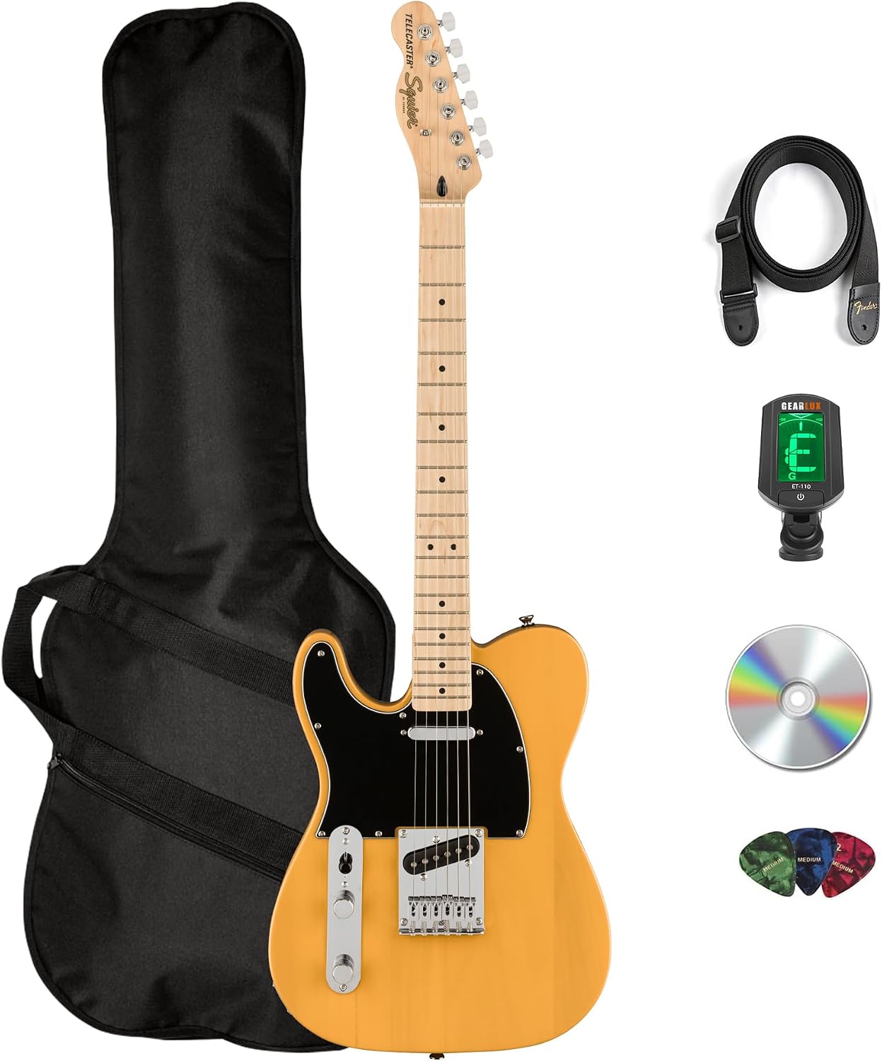 Fender Squier Affinity Telecaster w/Maple Fingerboard, Left Handed - Butterscotch Blonde Bundle with Gig Bag, Tuner, Strap, Picks, and Austin Bazaar Instructional DVD