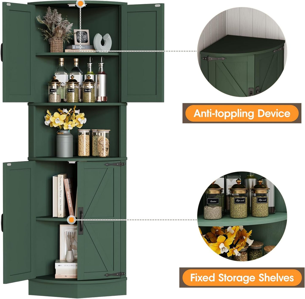 Vabches 64.8' Tall Farmhouse Corner Cabinet with 4 Doors and 5 Storage Shelves, Farmhouse Storage Cabinet with Barn Door Design, Home Space Saver for Living Room, Kitchen, Laundry Room,Green