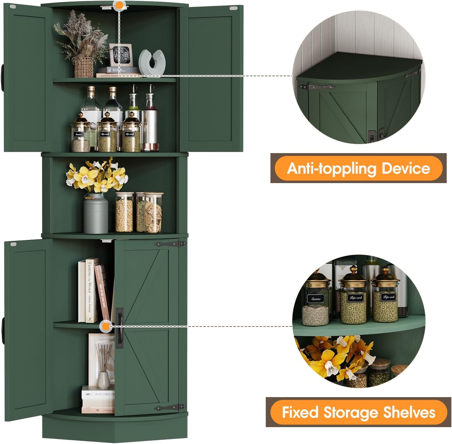 Vabches 64.8' Tall Farmhouse Corner Cabinet with 4 Doors and 5 Storage Shelves, Farmhouse Storage Cabinet with Barn Door Design, Home Space Saver for Living Room, Kitchen, Laundry Room,Green