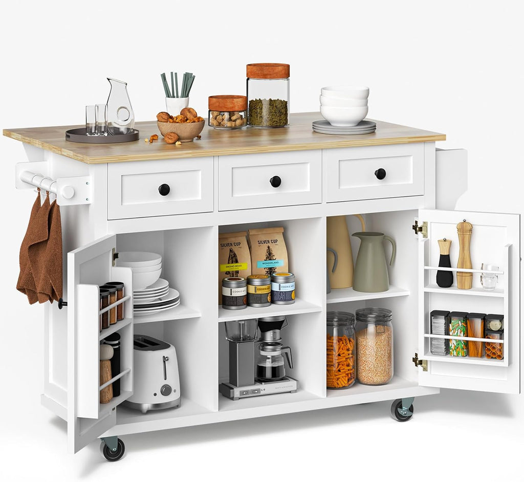Rovibek Kitchen Island with Drawers 53 in Rolling Island Cart Mobile Portable Islands on Wheels Solid Wood Island with Storage Cabinet & Drawers, Bright White