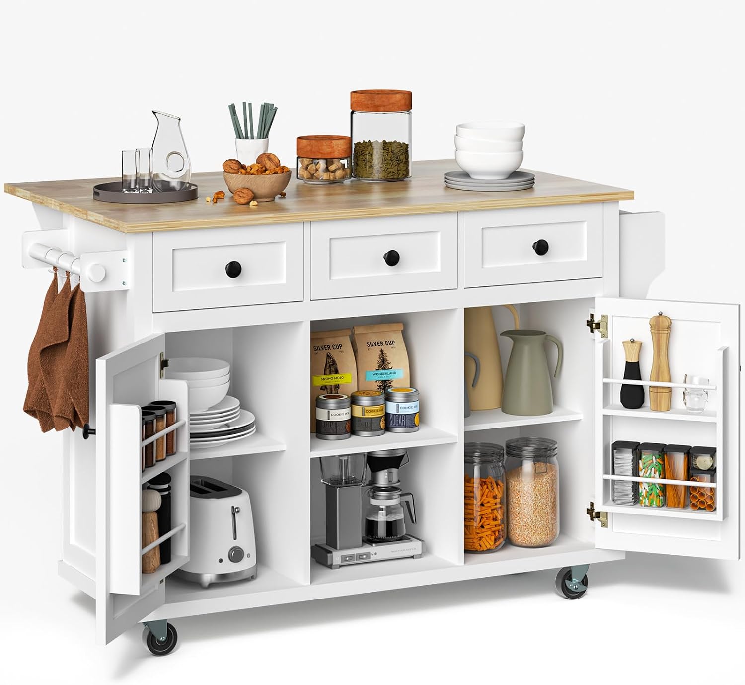 Rovibek Kitchen Island with Drawers 53 in Rolling Island Cart Mobile Portable Islands on Wheels Solid Wood Island with Storage Cabinet & Drawers, Bright White