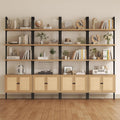 Airynee Ladder Bookshelf, 4 Tier Book Shelf with Rattan Cabinet, Wall Mount Bookshelves and Bookcases with Metal Frame, Anti Dump, Tall Bookcase for Living Room, Home Office, Bedroom Oak 4pcs