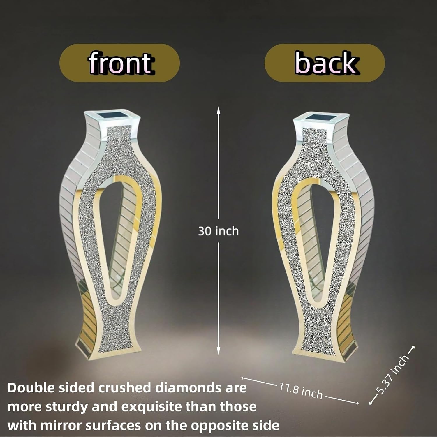 30'' Large Double Sided Crushed Diamond Vase, Tall Mirrored Sliver Vases for Floor,Decorative Vase with High-end Hollow Out Design for Home,Office,Hotel (11.8' L x 5.37' W x 30' H)