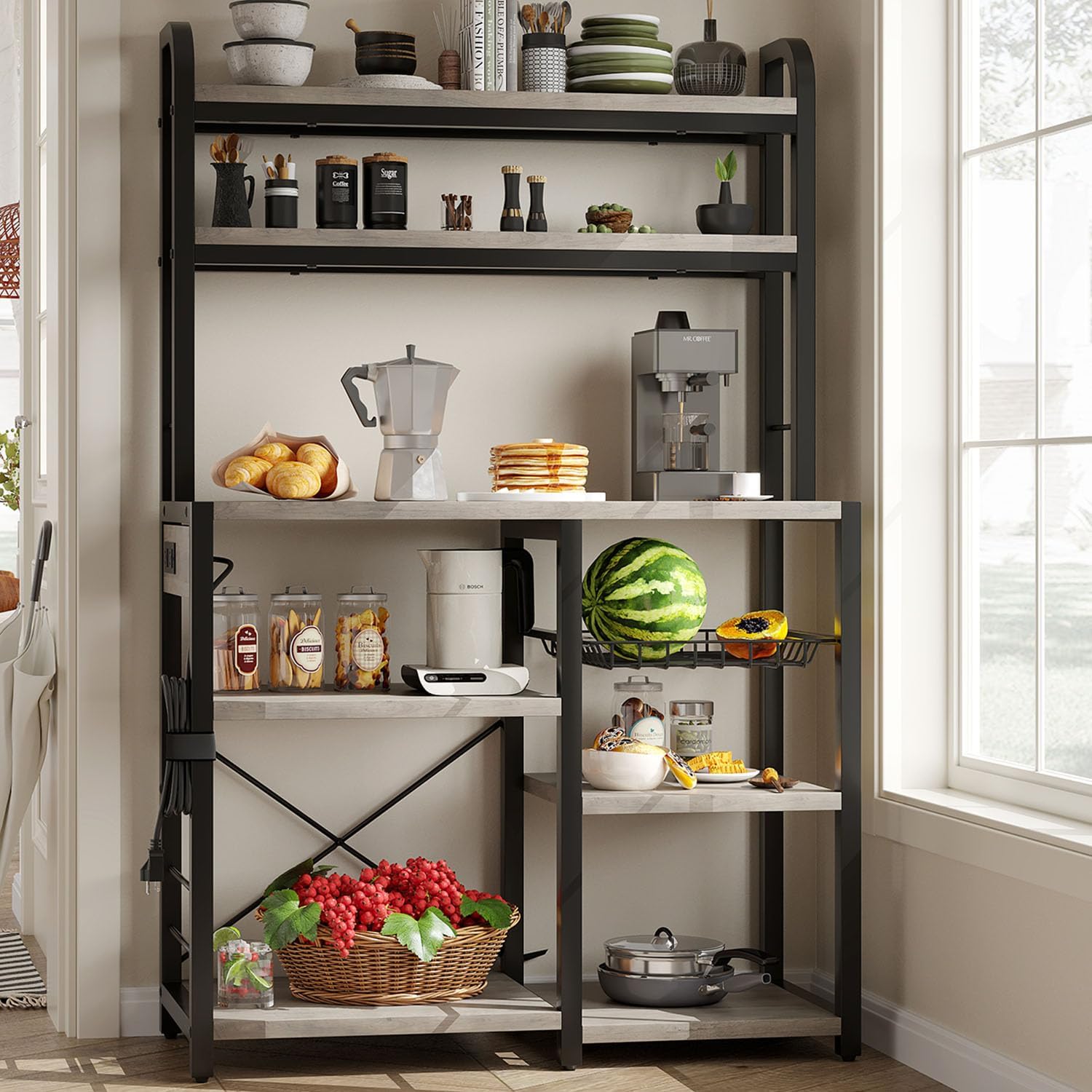 IDEALHOUSE Bakers Rack with Power Outlet, 6-Tier Coffee Bar Station with Wire Drawer, Industrial Microwave Stand, Kitchen Standing Bakers Racks with Large Storage, Hutch, Retro Gray