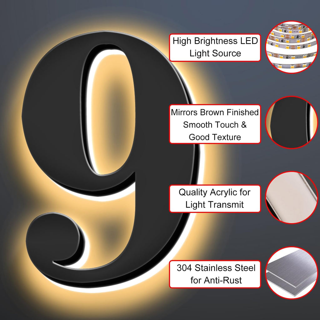 Backlit Illuminated LED House Numbers Upgrade Your Address Signs 16 Inch, Large Modern Light Up Address Numbers Signs, Stainlesss Steels Home Address Signs,9