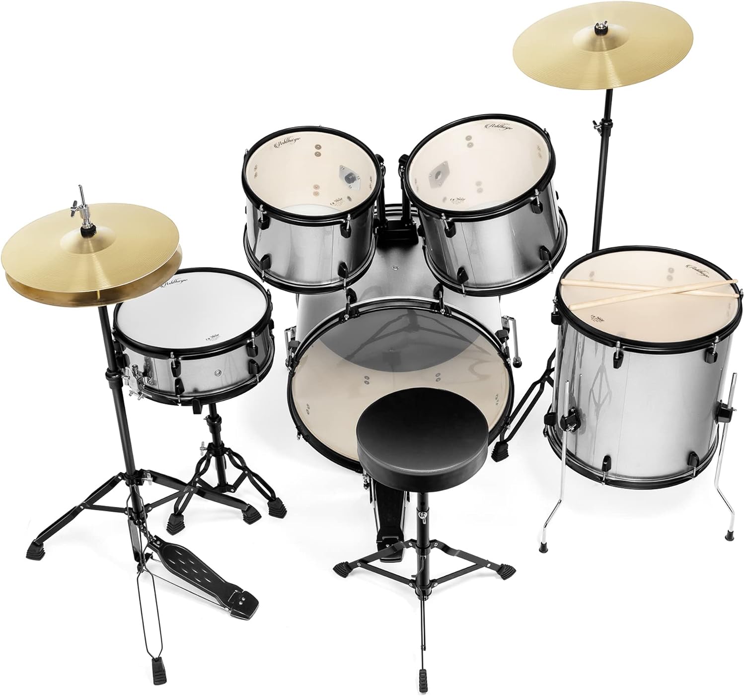 Ashthorpe 5-Piece Complete Full Size Adult Drum Set with Remo Batter Heads - Silver