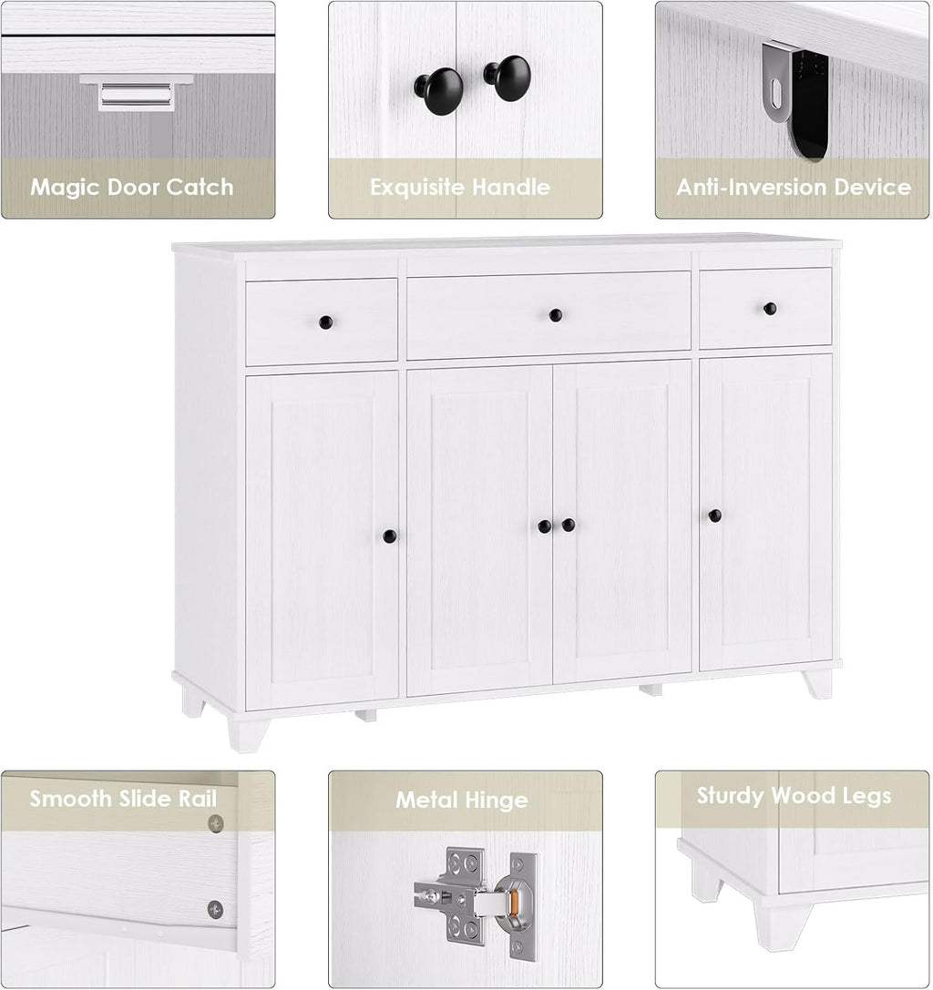 HIFIT Buffet Cabinet White Sideboard Storage Cabinet with 3 Drawers & 4 Doors Adjustable Shelves, 47' Modern Coffee Bar Cabinet, Wood Accent Cabinet for Kitchen Cupboard Dining Living Room