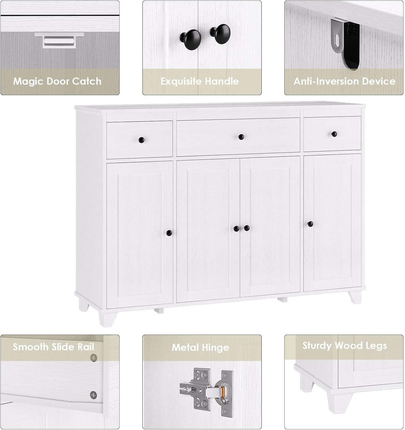 HIFIT Buffet Cabinet White Sideboard Storage Cabinet with 3 Drawers & 4 Doors Adjustable Shelves, 47' Modern Coffee Bar Cabinet, Wood Accent Cabinet for Kitchen Cupboard Dining Living Room