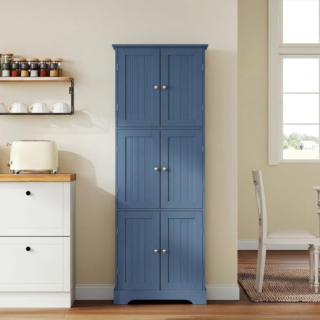 ChooChoo Tall Bathroom Storage Cabinet with 6 Doors, Freestanding Floor Cabinet with Adjustable Shelves, Blue Pantry Cabinet for Bathroom, Kitchen, Laundry Room