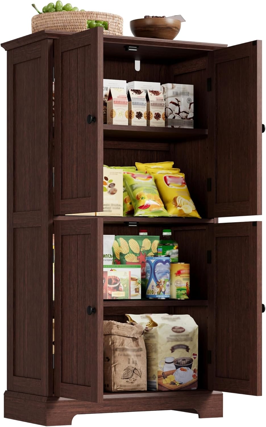 ChooChoo Bathroom Floor Cabinet, Farmhouse Bathroom Storage Cabinet with 4 Doors and Adjustable Shelves, Pantry Cabinet for Living Room, Kitchen, Walnut