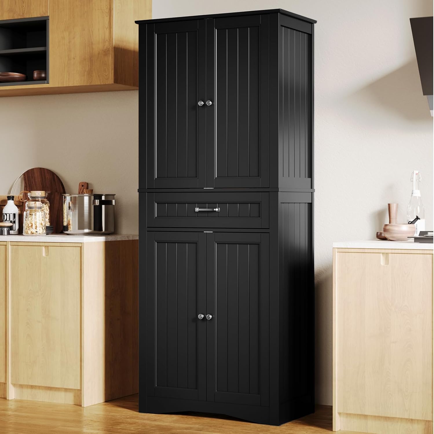 Gizoon 71'' Kitchen Pantry Storage Cabinet, Freestanding Pantry Organizers and Storage Cabinet with 4 Doors and 4 Adjustable Shelves, Tall Cabinet with Large Drawer for Kitchen, Living Room, Bathroom