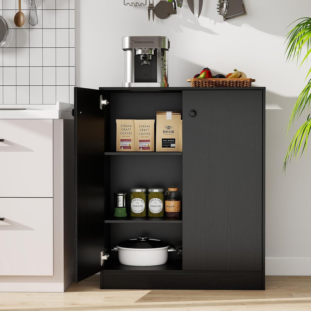 LOKO 2-Door Storage Cabinet, Modern Floor Cabinet with 3-Tier Shelf, Freestanding Side Cabinet with Anti-Toppling Device, Storage Organizer for Living Room, Kitchen, Dining Room, Entryway (Black)