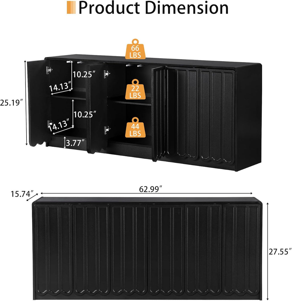 ORRD Sideboard Buffet Cabinet with Storage, Low Storage Cabinet Modern Wooden Accent Credenza Console Table TV Stand with 6 Wave Panel Doors for Kitchen Dining Living Room Entryway, Black