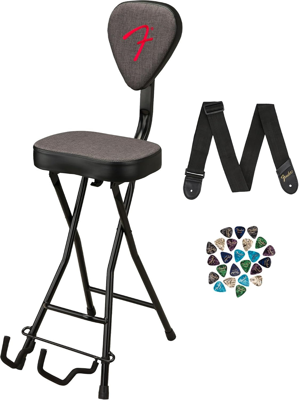 Fender 351 Studio Seat/Guitar Stand Combination Bundle with Guitar Strap and Austin Bazaar Exclusive 24-Pack Picks