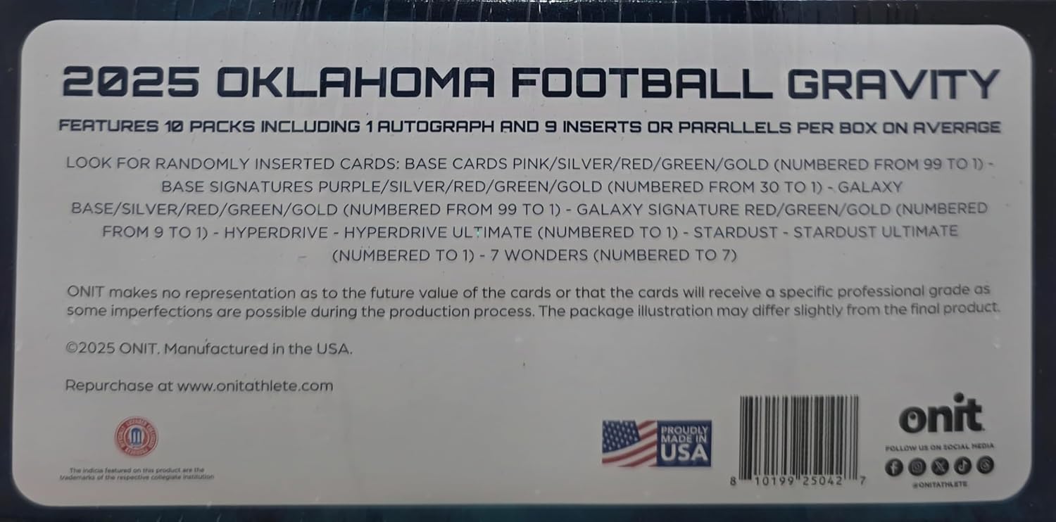 2025 Onit Gravity College Football Card Hobby Box (Oklahoma Sooners)