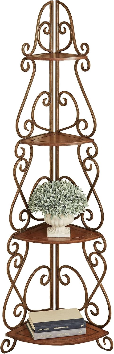 Touch of Class Meyda Scrolling Natural Cherry Wooden and Metal Corner Shelf Etagere