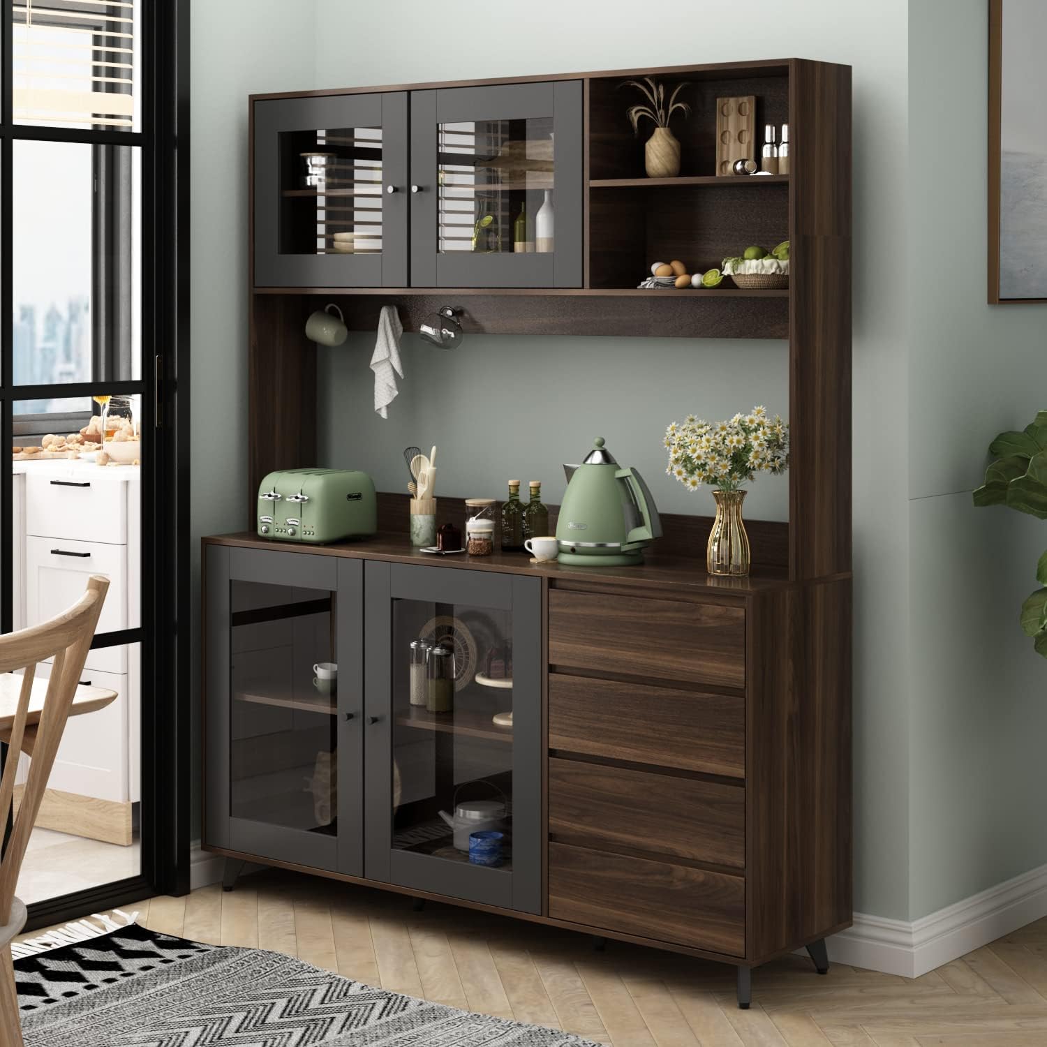 FUFU&GAGA 74.8' Tall Kitchen Pantry Cabinet with 4 Drawers, 4 Doors & Microwave Stand, Freestanding Hutch Cabinet with Buffet Cupboard for Kitchen, Dinningroom, Black and Brown