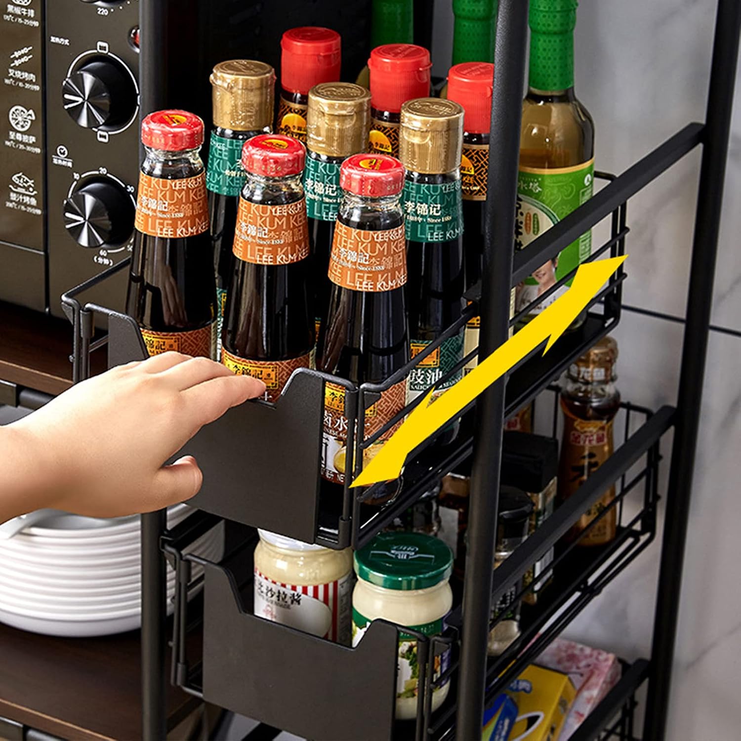 TFCFL Kitchen Storage, Utility Microwave Stands Storage For Spice, 4-Tier+5 Push-Pull Headers, Bakers Rack Multi-Layer Kitchen Storage Shelf