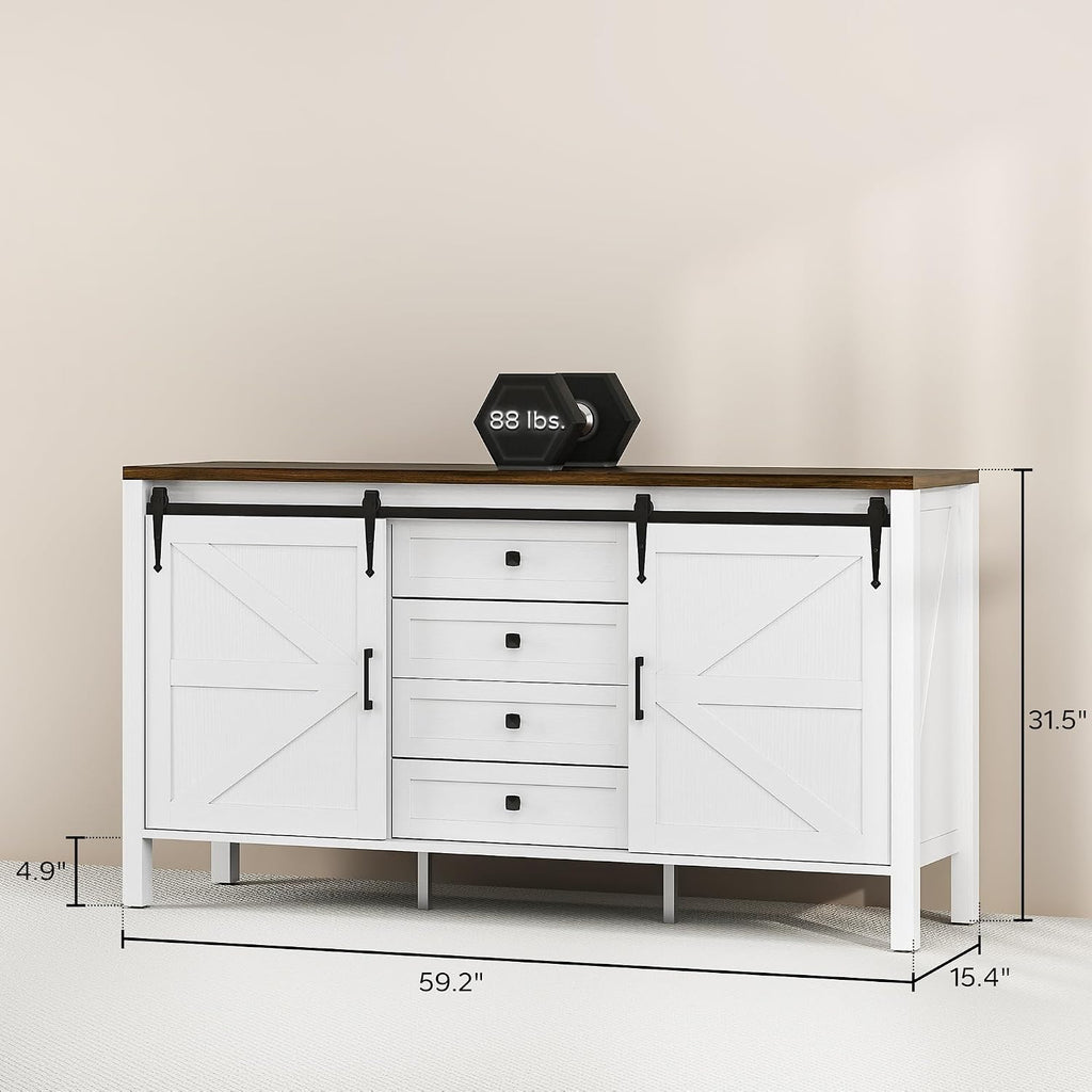 HOMCOM 59 Inch Farmhouse Sideboard Buffet Cabinet with Thick Top, Coffee Bar Cabinet with 2 Sliding Barn Doors, 4 Drawers and 2 Adjustable Shelves for Kitchen, Distressed White