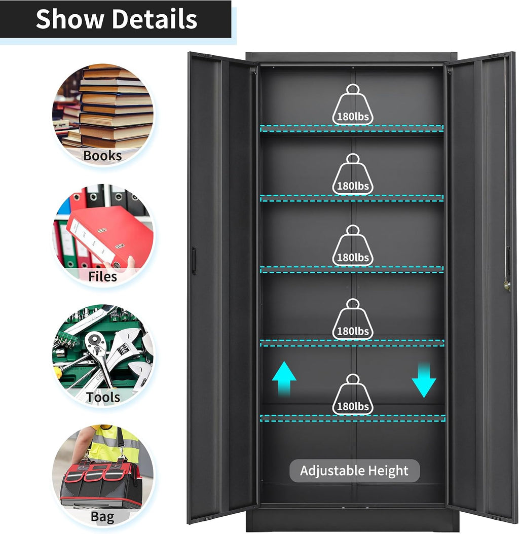Wanfu Metal Storage Cabinet, 71'H Metal Garage Cabinet with 5 Adjustable Shelves, Locking Storage Cabinets for Garage, Home, Office, Pantry(Black)