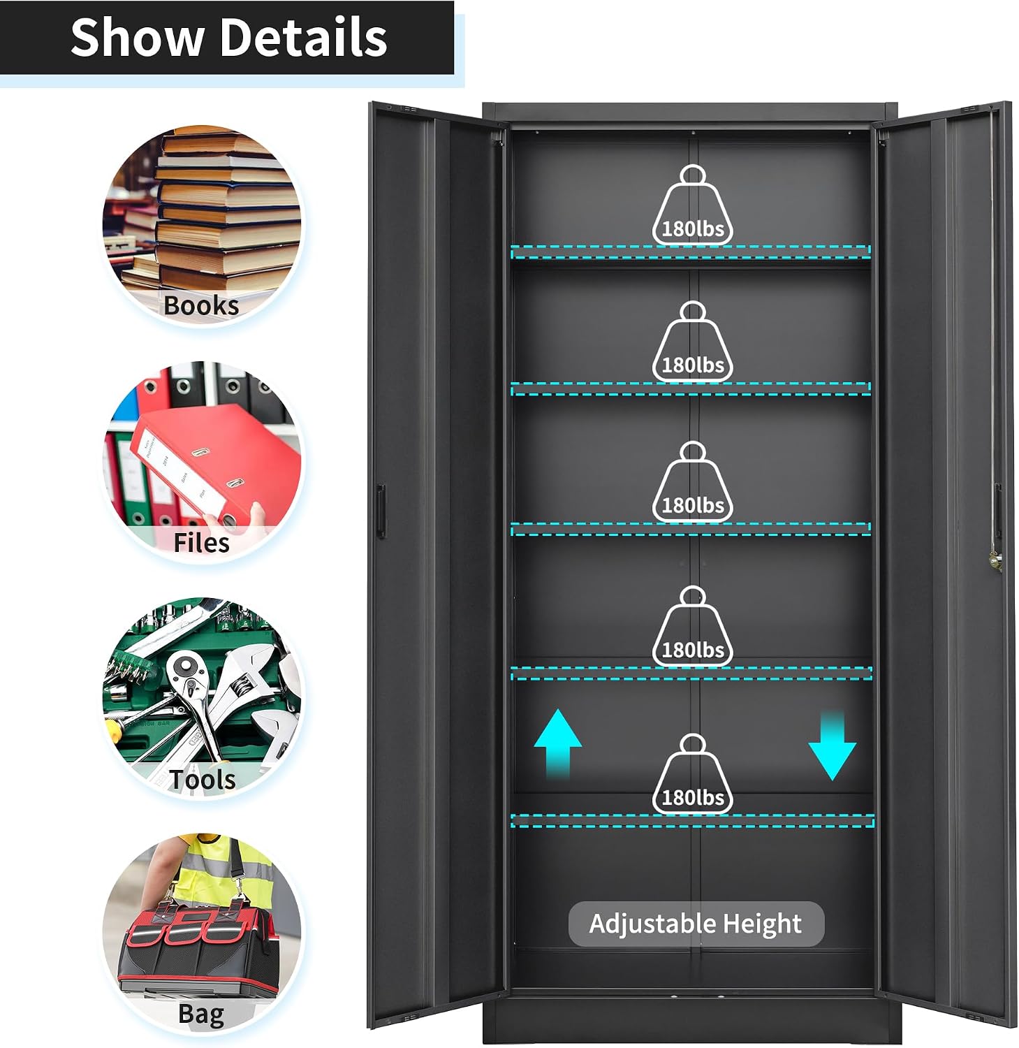 Wanfu Metal Storage Cabinet, 71'H Metal Garage Cabinet with 5 Adjustable Shelves, Locking Storage Cabinets for Garage, Home, Office, Pantry(Black)