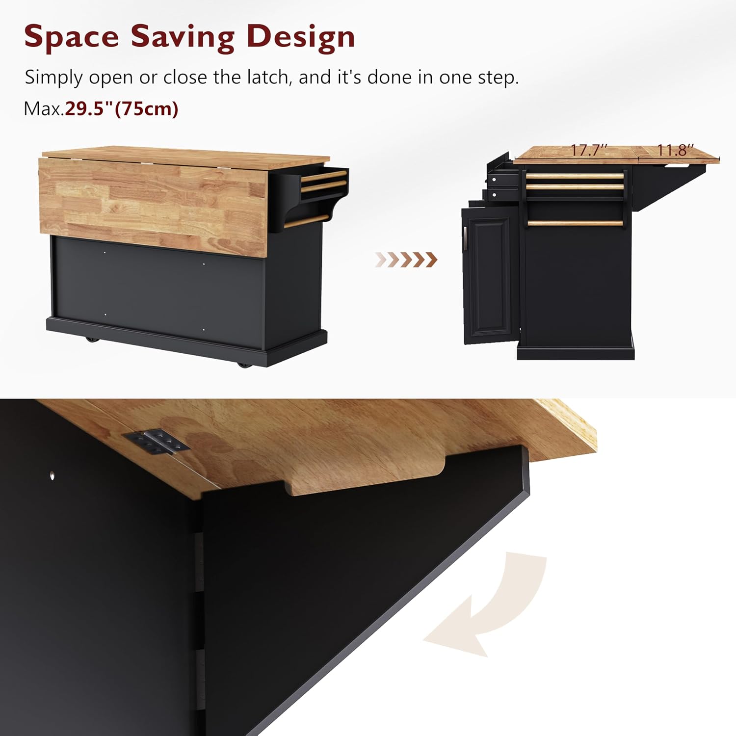 54' Rolling Storage Kitchen Island Cart on 4 Wheels with Drop Leaf, Embossed Texture, 4 Doors and 3 Drawers for Kitchen, Dining Room, Black, Rubber Wood Top