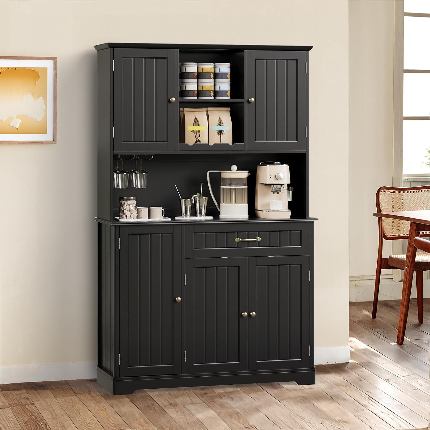 Gizoon Kitchen Pantry Cabinet with Countertop Kitchen Hutch Storage Cabinet 67.7' Tall Pantry Coffee Bar with Storage for Dining Room and Craft Room, Painted Black